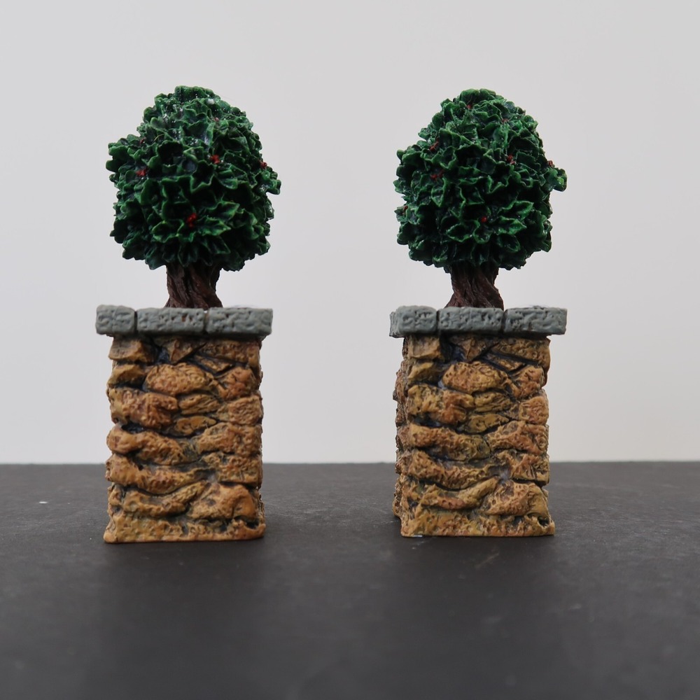 Department 56 Village Stone Corner Posts with Holly Trees Retired